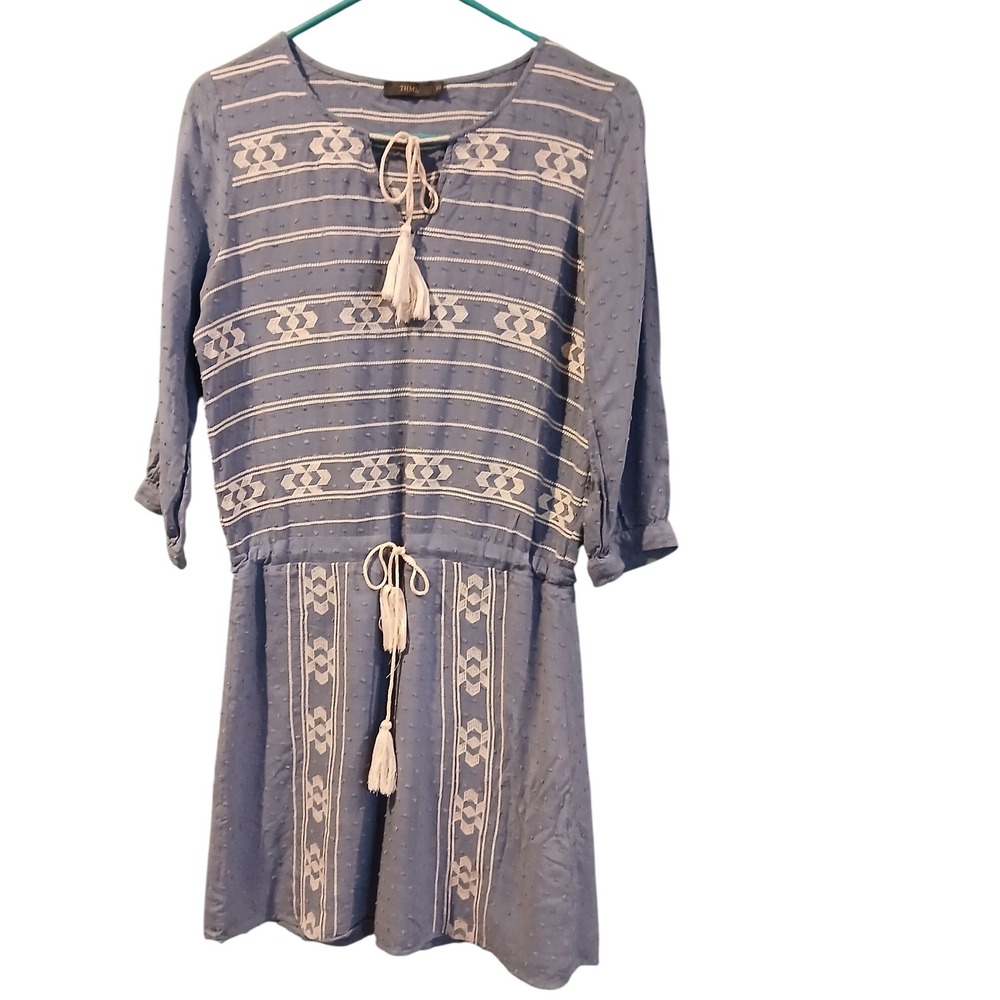 THML Blue Embroidered Tassel Tie Neck Dress XS Womans White Boho Mini